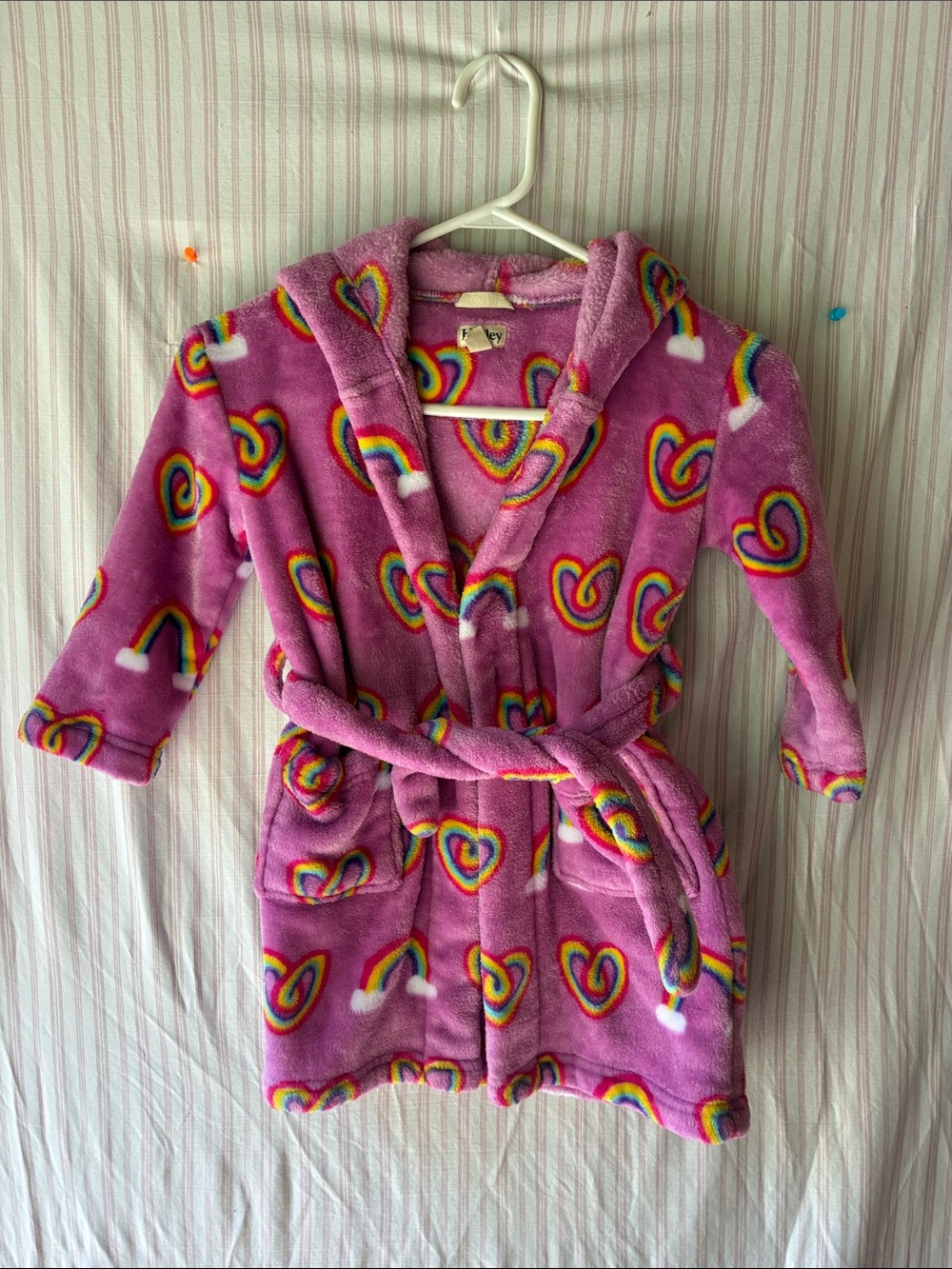 Hatley Pink Plush Hooded Robe with Rainbow Heart Motif